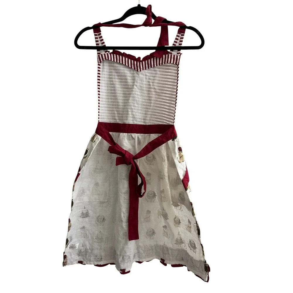 Santa's Workshop Christmas Apron Holiday Dog Print Striped Ruffle Red White
